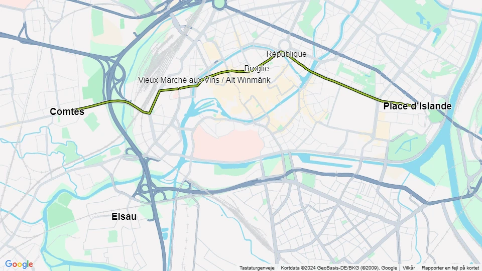 Straßburg Straßenbahnlinie F: Comtes - Place d'Islande Linienkarte