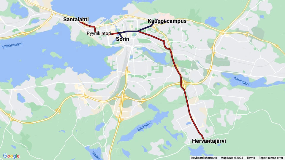 Straßenbahn Tampere Linienkarte