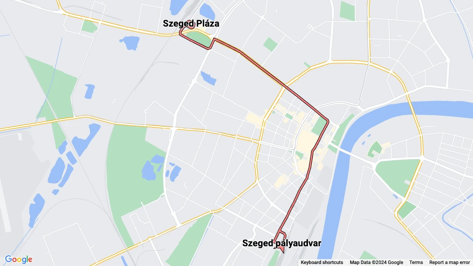 Szeged Straßenbahnlinie 1: Szeged pályaudvar - Szeged Pláza Linienkarte