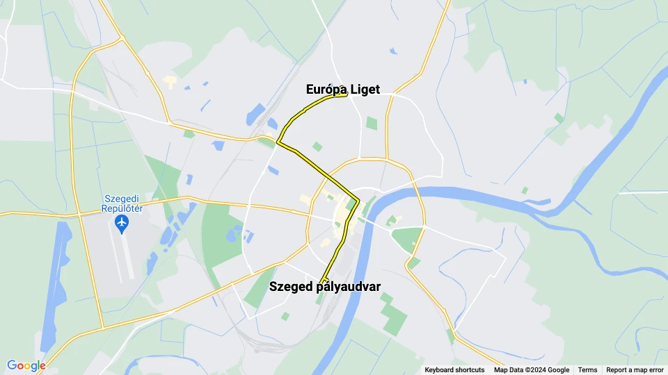 Szeged Straßenbahnlinie 2: Szeged pályaudvar - Európa Liget Linienkarte