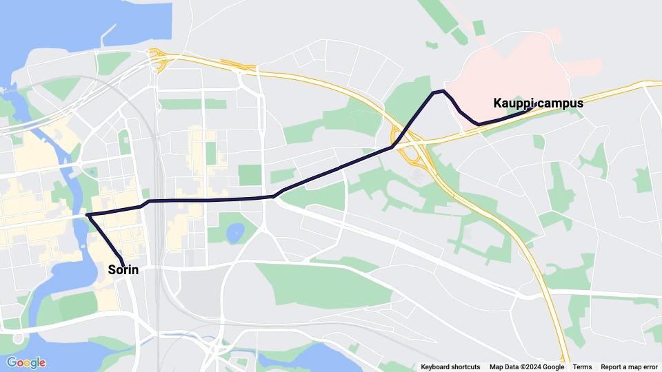 Tampere Straßenbahnlinie 1: Sorin - Kauppi campus Linienkarte