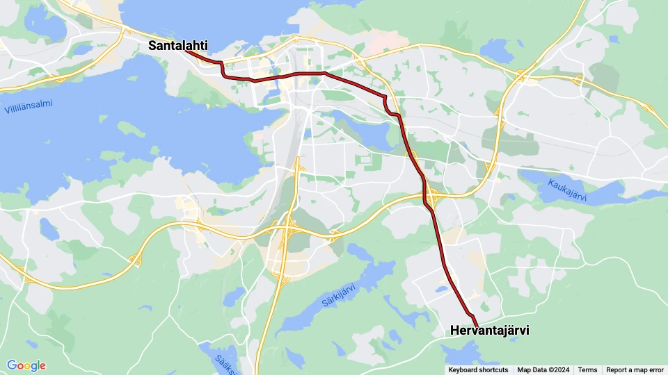Tampere Straßenbahnlinie 3: Santalahti - Hervantajärvi Linienkarte