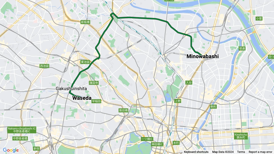 Tokio Toden Arakawa Line: Minowabashi - Waseda Linienkarte
