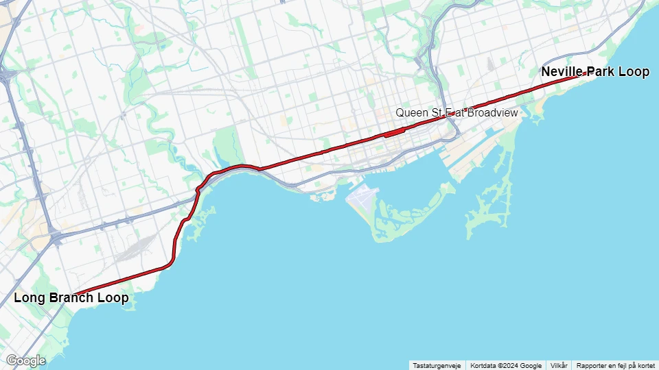 Toronto Straßenbahnlinie 501 Queen: Long Branch Loop - Neville Park Loop Linienkarte