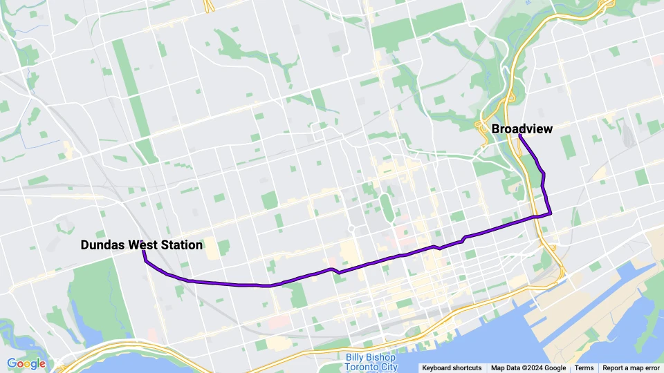 Toronto Straßenbahnlinie 505 Dundas: Dundas West Station - Broadview Linienkarte