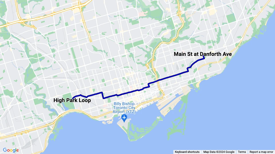 Toronto Straßenbahnlinie 506 Carlton: Main St at Danforth Ave - High Park Loop Linienkarte