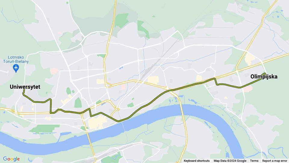 Toruń Straßenbahnlinie 1: Uniwersytet - Olimpijska Linienkarte