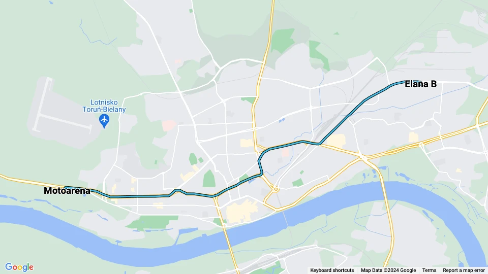 Toruń Straßenbahnlinie 2: Motoarena - Elana B Linienkarte