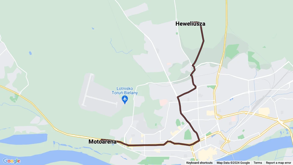 Toruń Straßenbahnlinie 3: Motoarena - Heweliusza Linienkarte