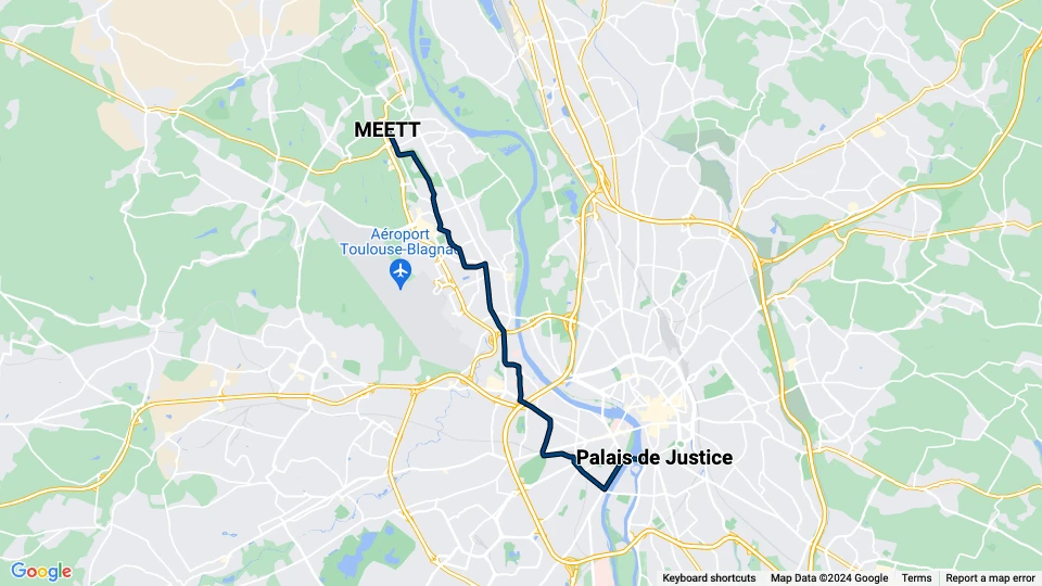 Toulouse Straßenbahnlinie T1: Palais de Justice - MEETT Linienkarte