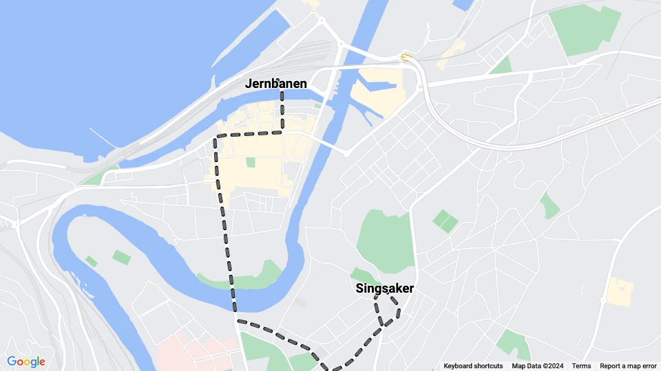 Trondheim Straßenbahnlinie 3: Singsaker - Jernbanen Linienkarte