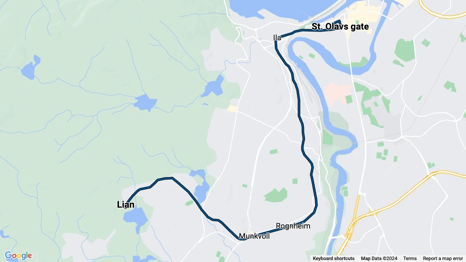 Trondheim Straßenbahnlinie 9, Gråkallbanen: St. Olavs gate - Lian Linienkarte