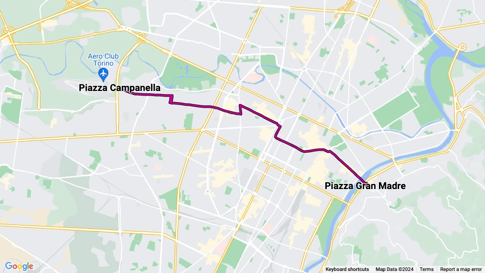 Turin Straßenbahnlinie 13 Feriale: Piazza Campanella - Piazza Gran Madre Linienkarte