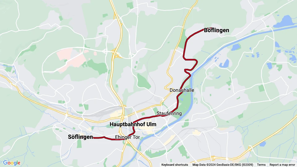 Ulm Straßenbahnlinie 1: Söflingen - Böflingen Linienkarte