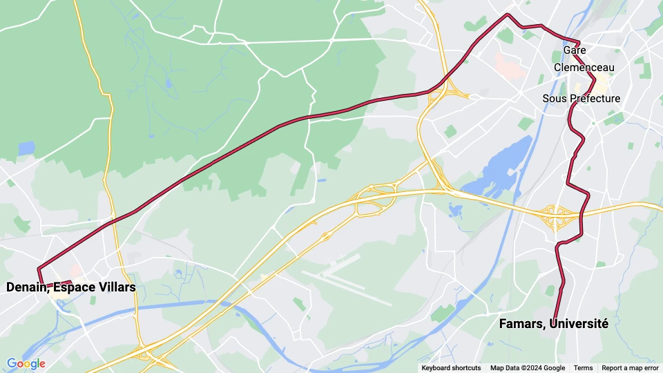 Valenciennes Straßenbahnlinie T1: Denain, Espace Villars - Famars, Université Linienkarte