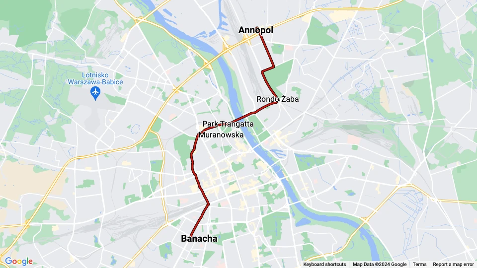 Warschau Straßenbahnlinie 1: Annopol - Banacha Linienkarte