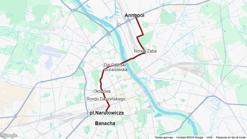 Warschau Straßenbahnlinie 1: Annopol - pl.Narutowicza Linienkarte