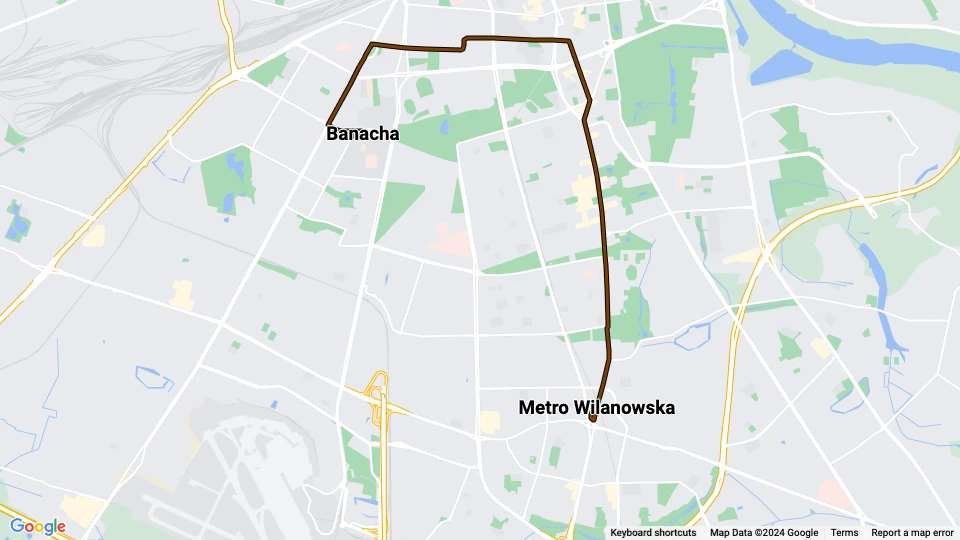 Warschau Straßenbahnlinie 14: Banacha - Metro Wilanowska Linienkarte