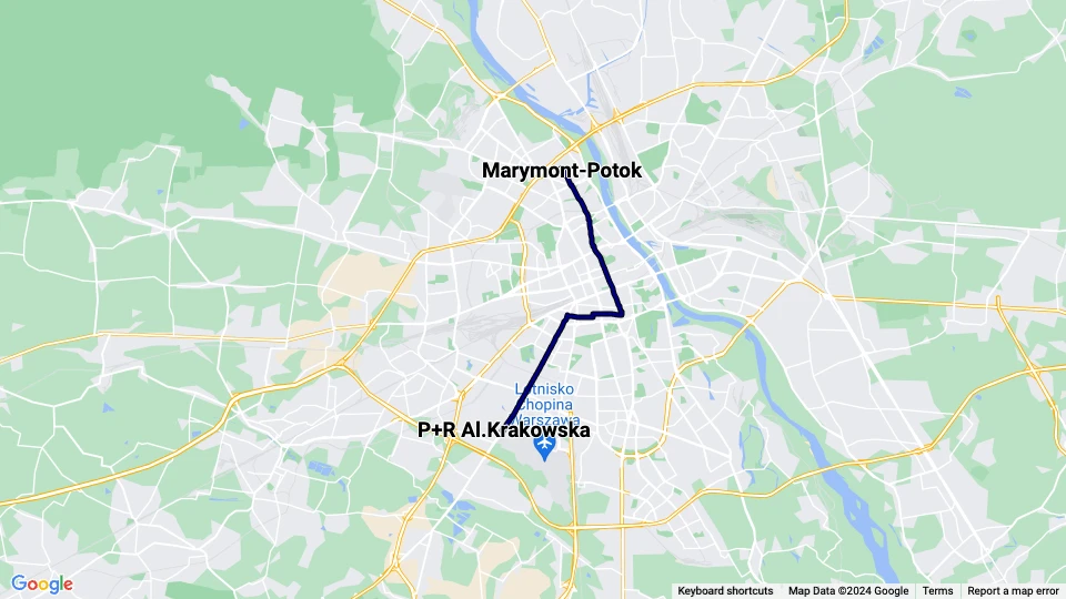 Warschau Straßenbahnlinie 15: P+R Al.Krakowska - Marymont-Potok Linienkarte