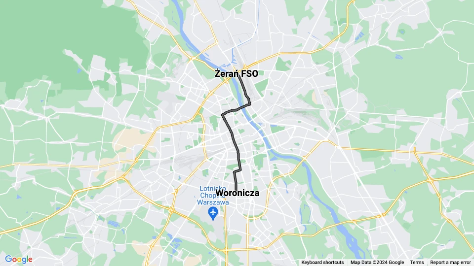Warschau Straßenbahnlinie 16: Woronicza - Żerań FSO Linienkarte