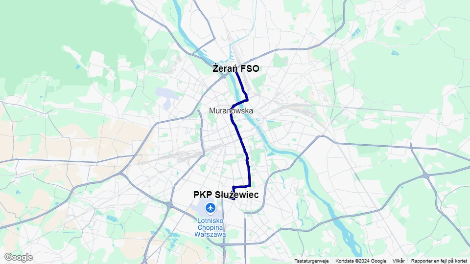 Warschau Straßenbahnlinie 18: PKP Służewiec - Żerań FSO Linienkarte