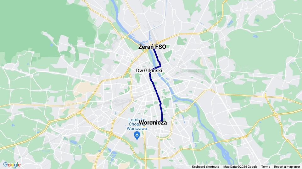 Warschau Straßenbahnlinie 18: Woronicza - Żerań FSO Linienkarte