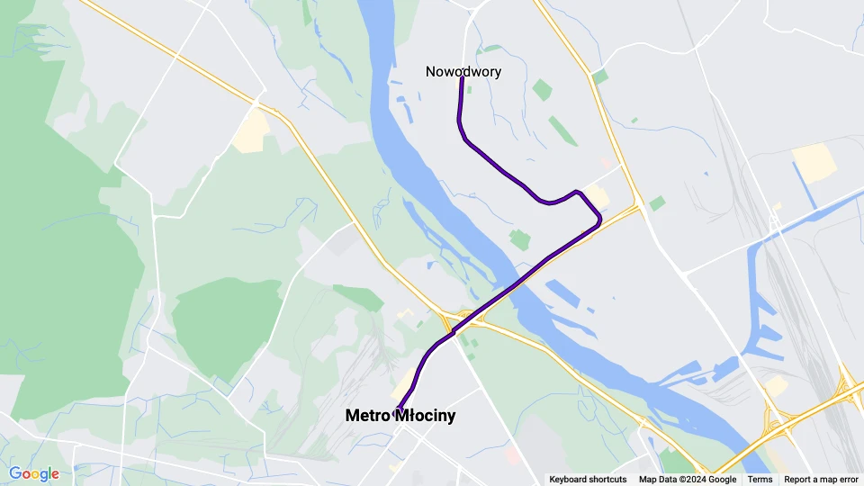Warschau Straßenbahnlinie 2: Metro Młociny - Nowodwory Linienkarte