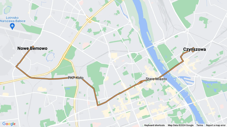 Warschau Straßenbahnlinie 23: Nowe Bemowo - Czynszowa Linienkarte