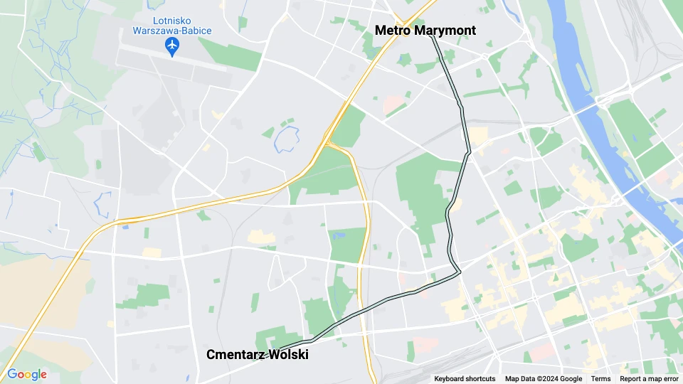 Warschau Straßenbahnlinie 27: Cmentarz Wolski - Metro Marymont Linienkarte
