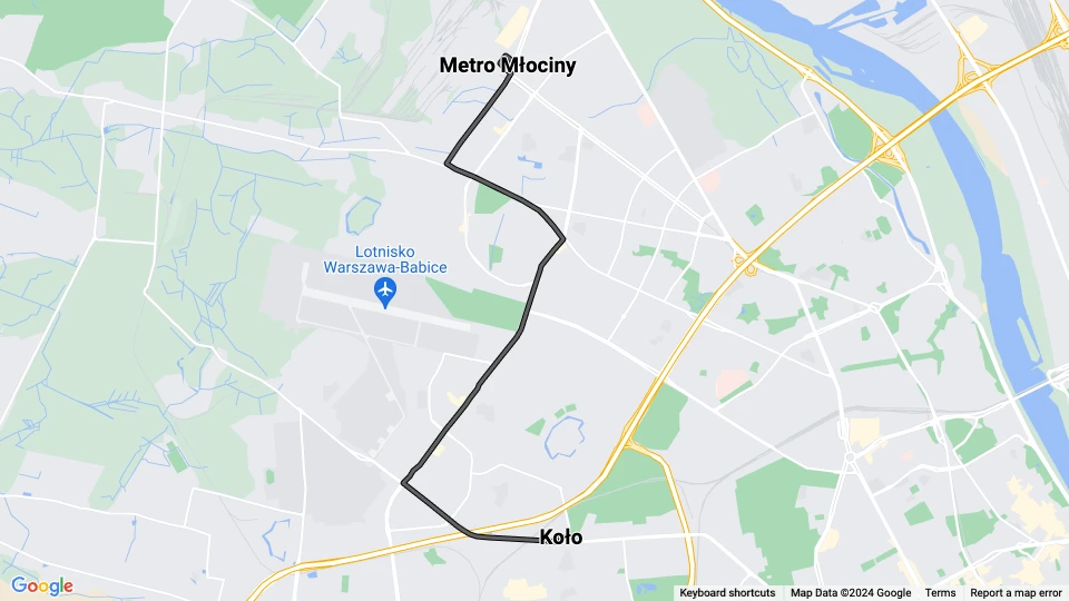 Warschau Straßenbahnlinie 5: Metro Młociny - Koło Linienkarte