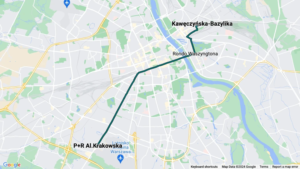 Warschau Straßenbahnlinie 7: P+R Al.Krakowska - Kawęczyńska-Bazylika Linienkarte