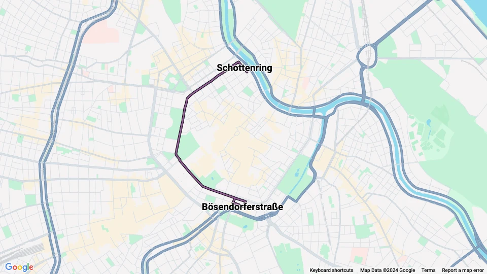 Wien Nachtlinie U2Z: Schottenring - Bösendorferstraße Linienkarte