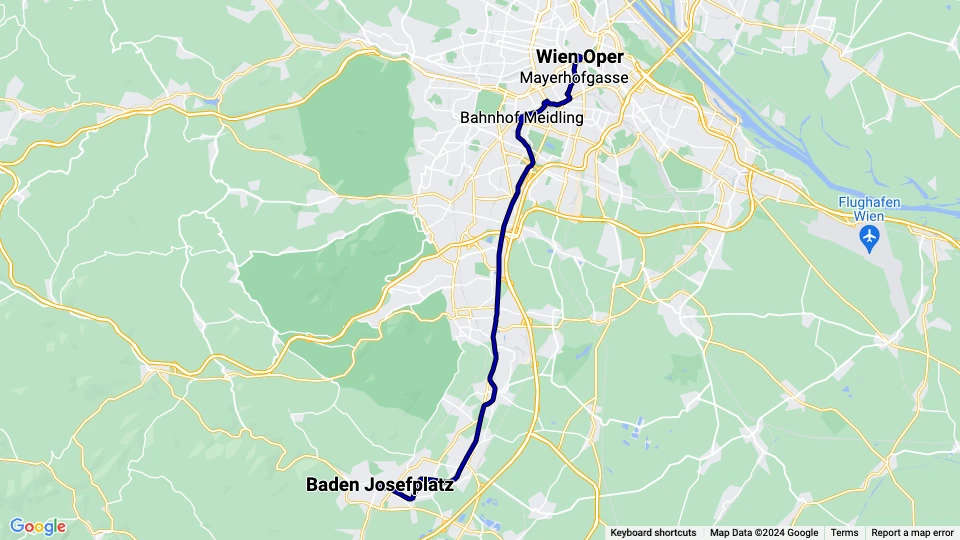 Wien Regionallinie 515 - Badner Bahn: Wien Oper - Baden Josefplatz Linienkarte