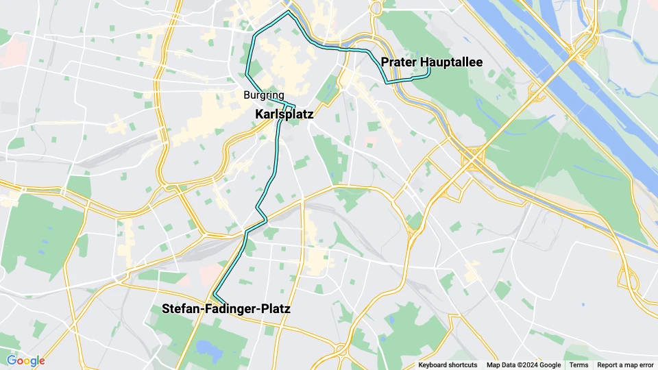 Wien Straßenbahnlinie 1: Stefan-Fadinger-Platz - Prater Hauptallee Linienkarte