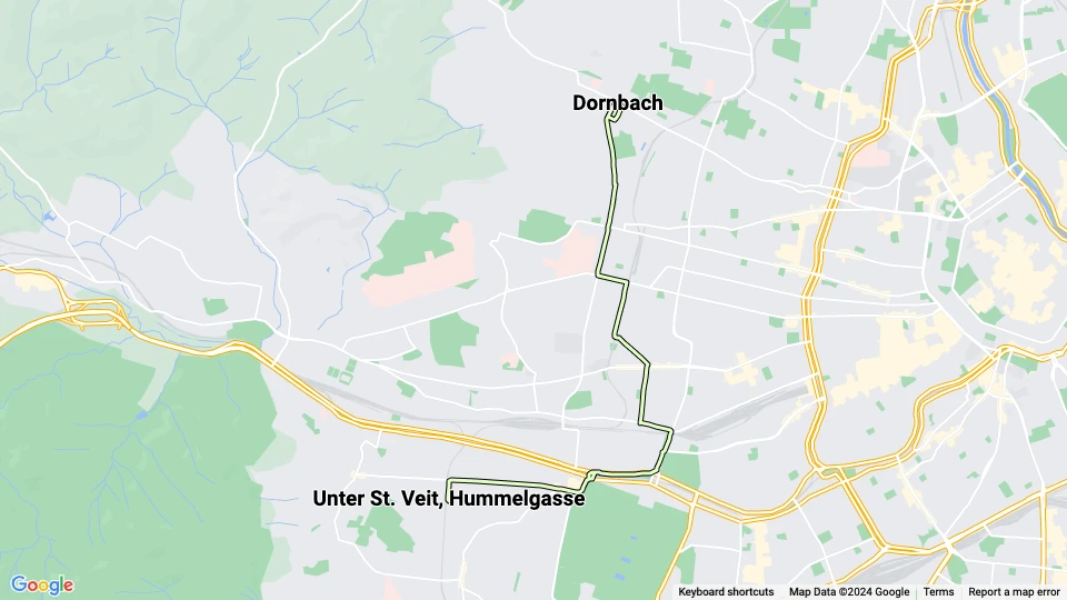 Wien Straßenbahnlinie 10: Dornbach - Unter St. Veit, Hummelgasse Linienkarte