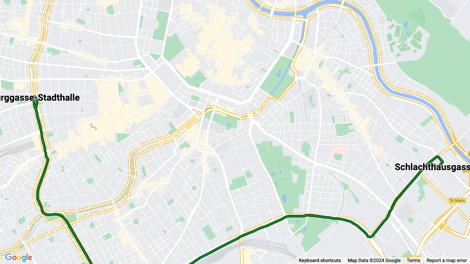 Wien Straßenbahnlinie 18: Burggasse-Stadthalle - Schlachthausgasse Linienkarte