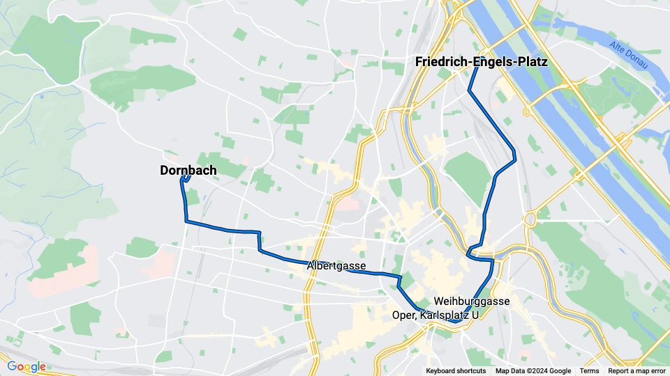 Wien Straßenbahnlinie 2: Friedrich-Engels-Platz - Dornbach Linienkarte