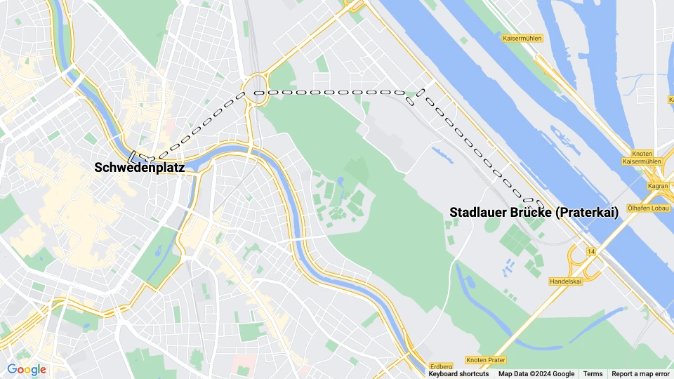 Wien Straßenbahnlinie 21: Schwedenplatz - Stadlauer Brücke (Praterkai) Linienkarte