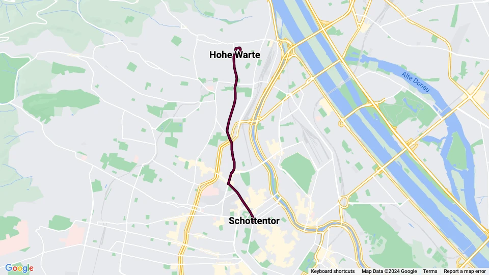 Wien Straßenbahnlinie 37: Schottentor - Hohe Warte Linienkarte