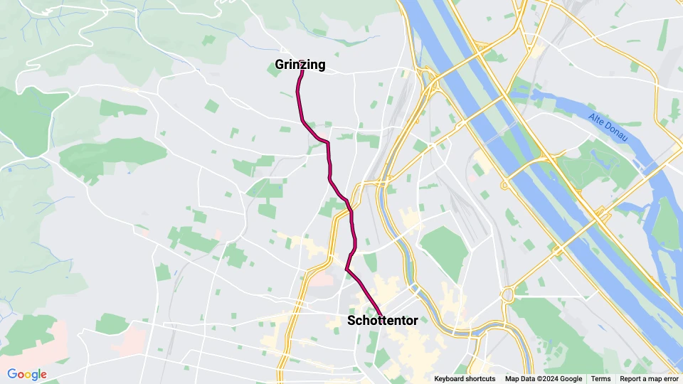 Wien Straßenbahnlinie 38: Schottentor - Grinzing Linienkarte