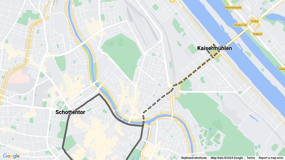 Wien Straßenbahnlinie B: Schottentor - Kaisermühlen Linienkarte