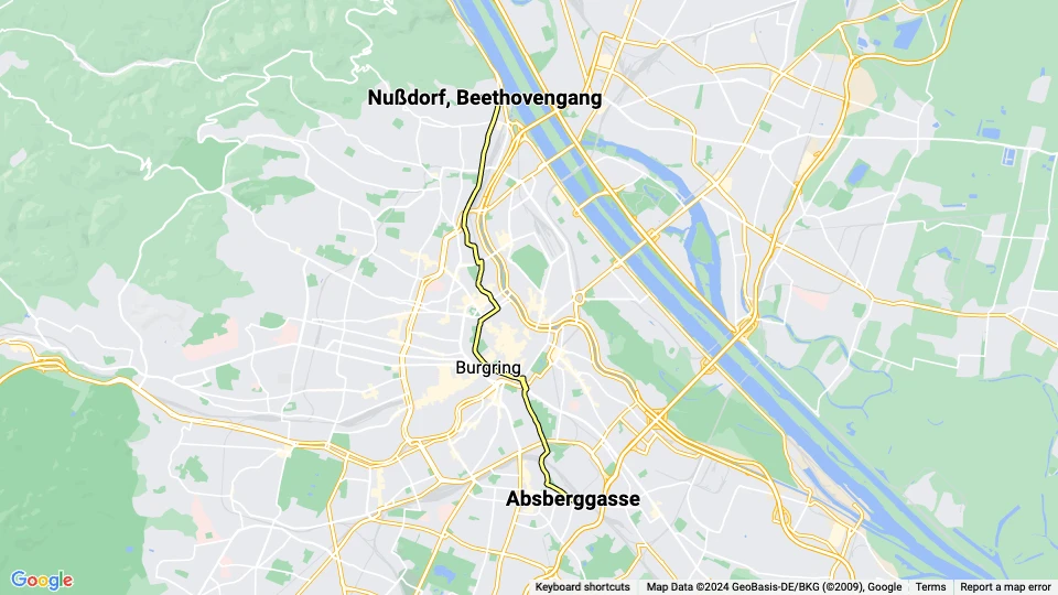 Wien Straßenbahnlinie D: Absberggasse - Nußdorf, Beethovengang Linienkarte