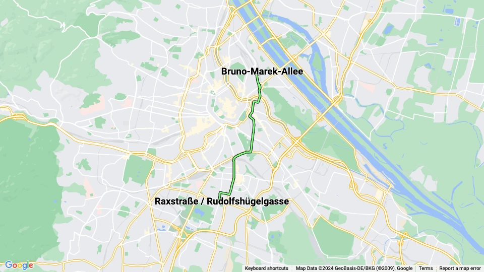Wien Straßenbahnlinie O: Raxstraße / Rudolfshügelgasse - Bruno-Marek-Allee Linienkarte