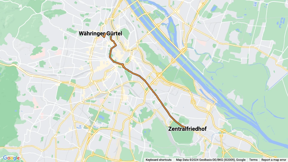 Wien Zusätzliche Linie 35: Währinger Gürtel - Zentralfriedhof Linienkarte