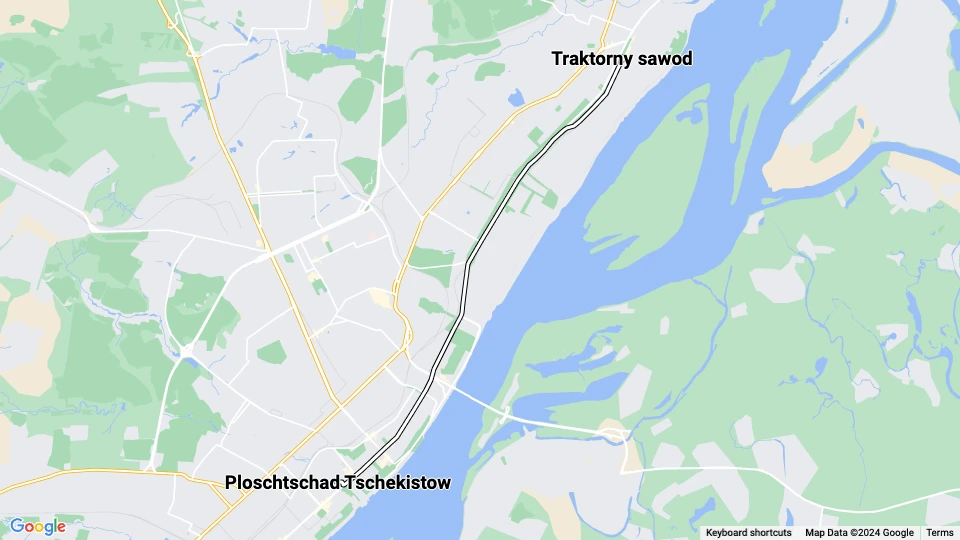 Wolgograd Straßenbahnlinie CT: Traktorny sawod - Ploschtschad Tschekistow Linienkarte