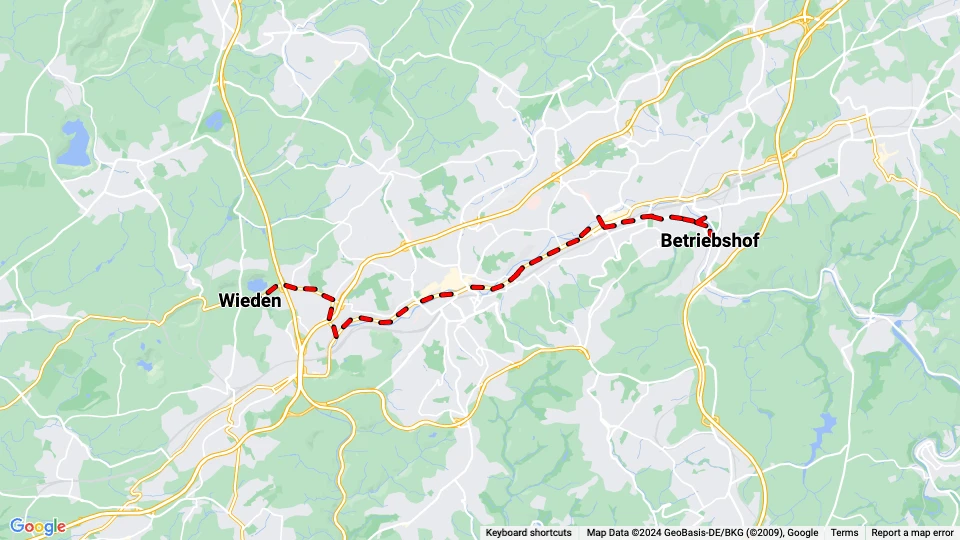 Wuppertal Straßenbahnlinie 601: Wieden - Betriebshof Linienkarte