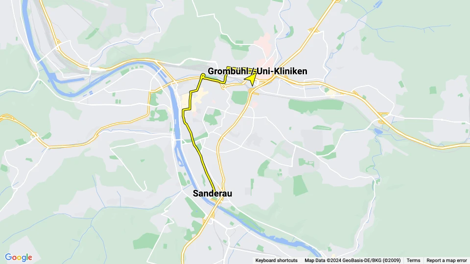 Würzburg Zusätzliche Linie 1: Sanderau - Grombühl / Uni-Kliniken Linienkarte