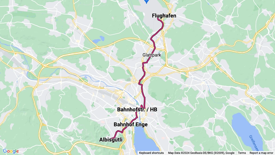 Zürich Straßenbahnlinie 10: Albisgütli - Flughafen Linienkarte