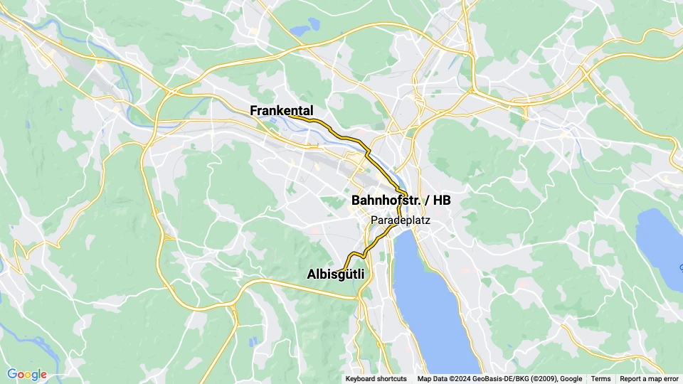 Zürich Straßenbahnlinie 13: Albisgütli - Frankental Linienkarte