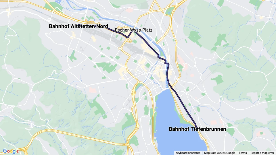 Zürich Straßenbahnlinie 4: Bahnhof Tiefenbrunnen - Bahnhof Altstetten Nord Linienkarte